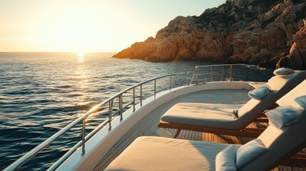 Wall Mural - Close-up of a luxury yachtaes deck with elegant sun loungers, set against the backdrop of Sardiniaaes shimmering sea and rocky shores