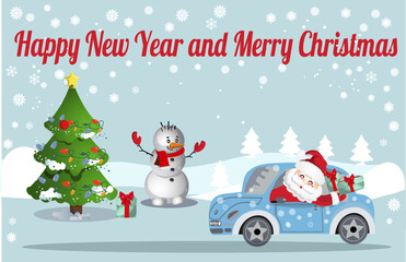 Santa Claus in the car with gifts in boxes with ribbons and a green festive Christmas tree and a joyful snowman happy new year, christmas greeting card, happy ne year and merry christmas