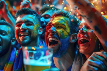 Poster - Group of people wearing colorful face paint, perfect for festivals, parties or cultural events