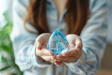 Canvas Print - A woman holds a blue glass object in her hands, possibly decorative or ceremonial