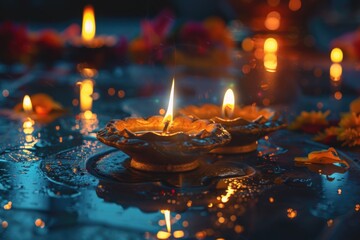 Wall Mural - A single candle shining brightly on a table amidst rainy weather