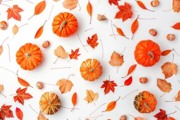 Sticker - A variety of pumpkins displayed on a white table, ideal for decoration or harvest theme