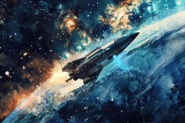 Wall Mural - a space shuttle soars through the night sky above a distant planet, surrounded by twinkling stars