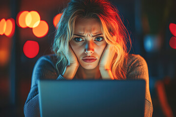 Sticker - Stressed Businesswoman Working Late on Laptop in Office Concept of Frustration and Pressure in Demanding Job.