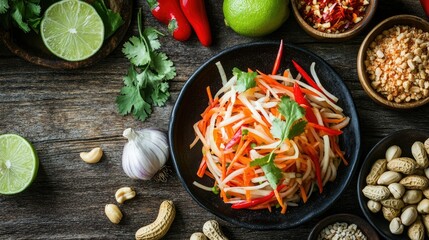 Close-up of Som Tam Thai papaya salad, sitting on a rustic wooden table, with traditional Thai ingredients like peanuts, lime, and garlic displayed around it.