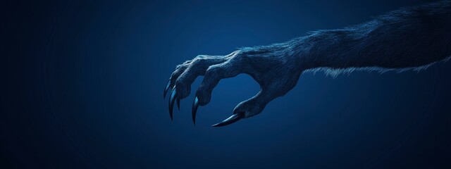 Werewolfâ€™s hand with sharp claws, fur bristling, full moonlight casting shadows, deep blue lighting