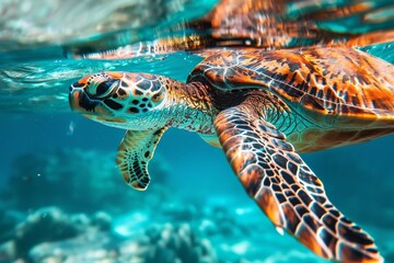 Wall Mural - Underwater Grace: Majestic Sea Turtle in Crystal-Clear Waters