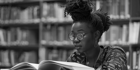 Wall Mural - A person sitting in a library surrounded by books, reading and learning