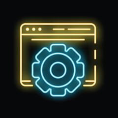 Wall Mural - Neon glowing icon of a browser window with a gear representing the web development process