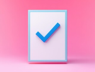 3D blue checkmark icon on white background with pink gradient backdrop. Symbol of agreement, approval, and confirmation.