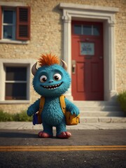 Wall Mural - Cute little monster heading to school illustration.