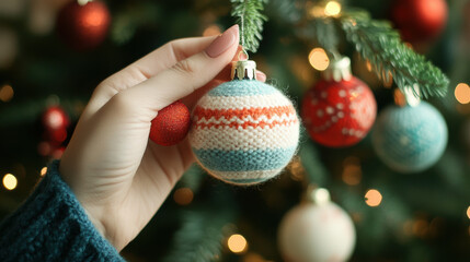 Handmade ornaments are being carefully placed on beautifully decorated Christmas tree, creating warm and festive atmosphere. vibrant colors and intricate designs add personal touch to holiday decor