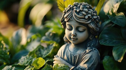 A whimsical garden statue nestled among lush greenery.