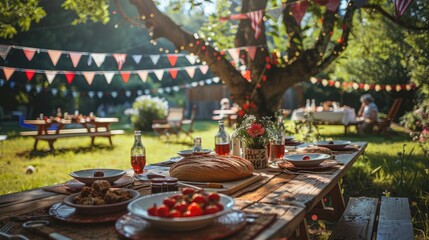 A rustic picnic table set for a summer gathering with colorful bunting overhead and friends in the background.