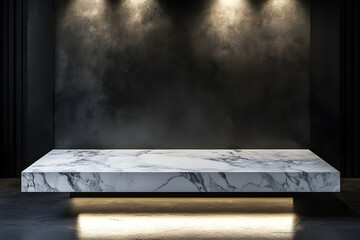 3D product table in an empty studio, facing a black wall, is set up for presentation on a podium with a concrete dark surface.