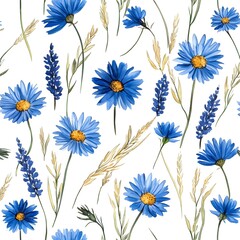 Wall Mural - Watercolor Blue Flowers and Grass Seamless Pattern