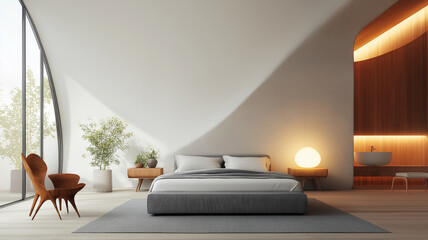 Wall Mural - Modern Minimalist Bedroom with Curved Wall and Wooden Elements