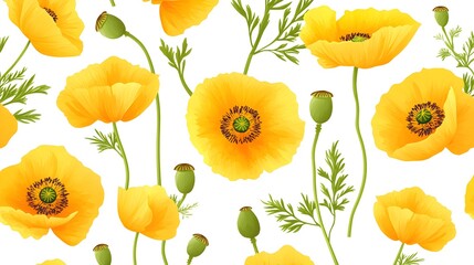 Poster - Yellow Poppy Flower Seamless Pattern