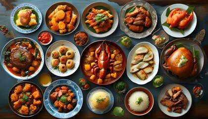 Cultural Celebration Through a Festive Table Setting Featuring Traditional Dishes from Around the World