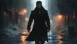 © ke - Mysterious figure in black coat navigating a bleak, dark and smoky alley in a depraved city, evoking a cinematic and intense atmospheric experience.