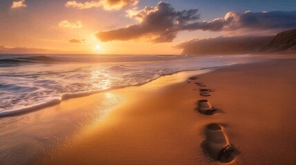 footprints in the sand of a beach at sunset