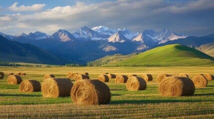 Haystacks green hill mountains. Generative AI