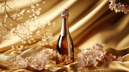 A beautifully styled champagne bottle with delicate floral accents, sitting on a luxury fabric with a warm, golden backdrop. The scene captures a sense of celebration and elegance.