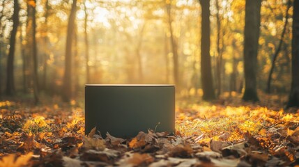 Wall Mural - A gray cylinder sits on a bed of brown, yellow, and orange fallen leaves in a forest. The sun shines through the trees in the background.