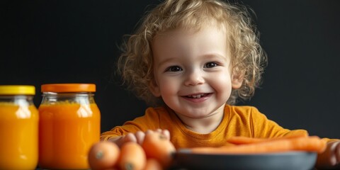 Sticker - A cheerful child enjoying fresh carrots and juice. Bright colors and a warm smile create a joyful atmosphere. Perfect for food and health themes. Captivating and endearing. AI