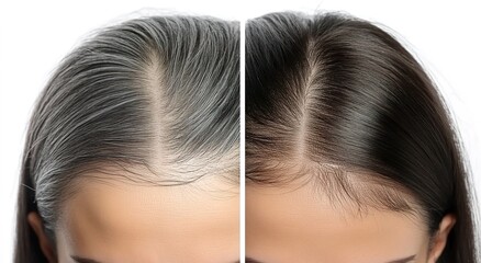 Young woman with gray hair before and after coloring treatment 
