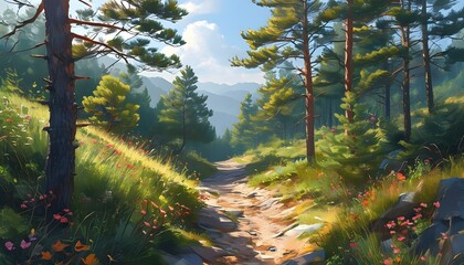 Wall Mural - Woodland vitality on a hiking trail with invigorating wind and the refreshing scent of pine trees, embodying the spirit of outdoor adventure