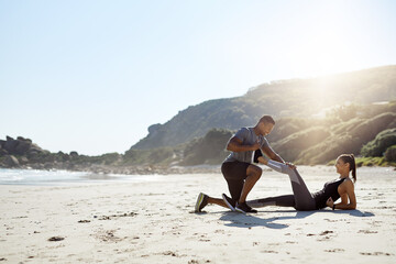 Sticker - Health, stretching and couple on beach for start of training, fitness and personal trainer. Race, exercise and marathon cardio with people in nature for warm up, sports and running performance