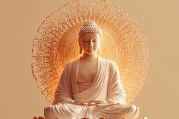 Buddha with halo, full body in an elegant pose, digital art style, light background, golden aura glow behind the Buddha, light beige and orange colors, soft lighting, high resolution, geneative ai