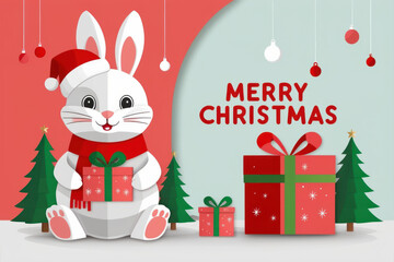 Christmas Greeting Card with cute cartoon bunny holding gift. Template for New Year Cards, Scrapbooking, Stickers, Planner, Invitations. AI generated