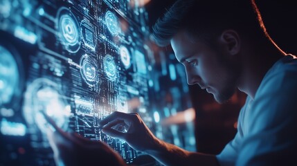 A focused individual interacts with a digital display in a dark room featuring advanced technology and data visualization during nighttime
