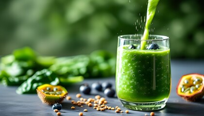 Wall Mural - Refreshing green smoothie blend of spinach, kale, and tropical fruits being poured into a glass for a healthy beverage experience