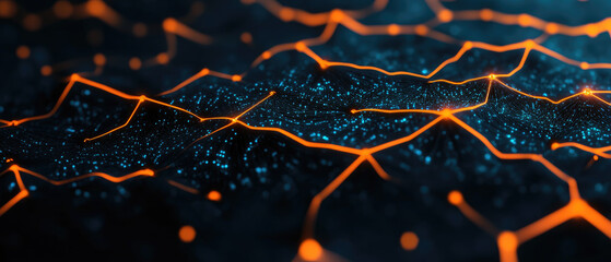 Wall Mural - Neon Network, a vivid abstract representation of interconnected nodes and pathways, illuminated by vibrant orange lines against a dark, textured backdrop.