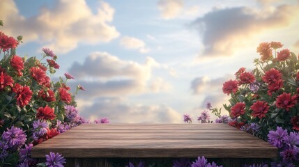 Poster - A wooden table sits surrounded by lush red and purple flowers as the sun sets, casting a warm glow on the scene. Soft clouds drift in the sky, enhancing the tranquil garden atmosphere.