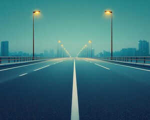 Wall Mural - Quiet highway with a minimal guardrail and distant city lights barely visible, distant lights, urban solitude