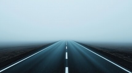 Wall Mural - Minimalist highway with soft fog rolling in, obscuring everything but a faint white line, foggy road, mystery