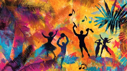 Colorful palm tree leaves in abstract patterns, accompanied by dancing silhouettes and musical symbols, representing the energy and rhythm of a tropical festival