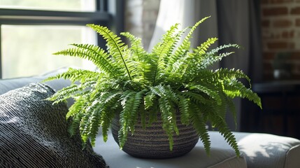 Poster - Lush green fern in a textured pot on a cozy sofa by a bright window in a modern living room setting