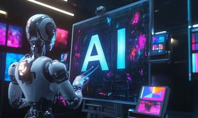Robot draws AI on screen with colorful digital background.