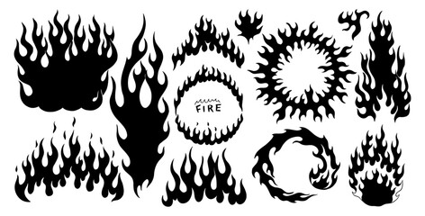 set of silhouette flame and fire in vintage style. hand drawn bonfire sketch. vector clipart illustr