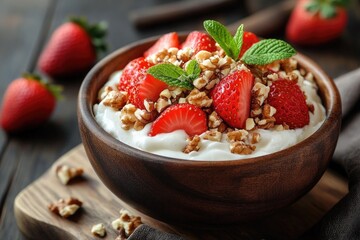 A wooden bowl filled with yogurt, strawberries, and pecans. This image is ideal for showcasing healthy and delicious breakfast or snack options.