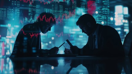 Two analysts reviewing financial data in a modern office environment at night with glowing screens and market charts in the background