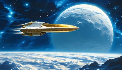 Wall Mural - Solitary gold glass spaceship navigating the starry blue expanse near a luminous white planet