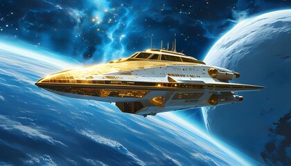 Wall Mural - Solitary gold glass spaceship navigating the starry blue expanse near a luminous white planet