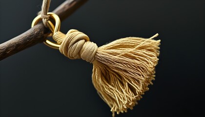 Elegant close-up of a golden tassel showcasing intricate knotted top and luxurious fluffy texture