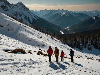 Sticker - Four travelers admiring a snowy mountain valley.